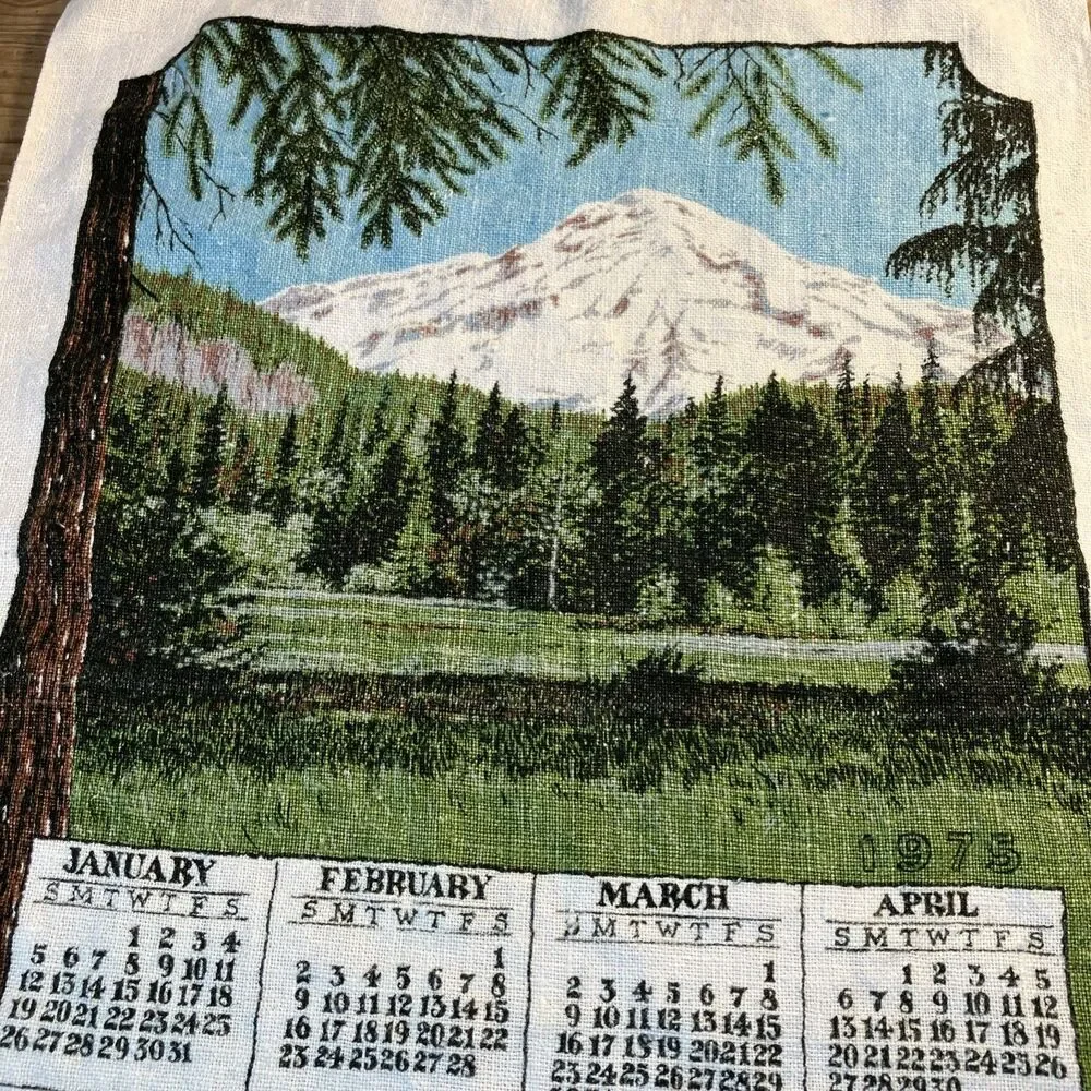 VTG 1975 Kay Dee Calendar Linen Tea Towel Mountain “The Beauty Seen Is Partly..”